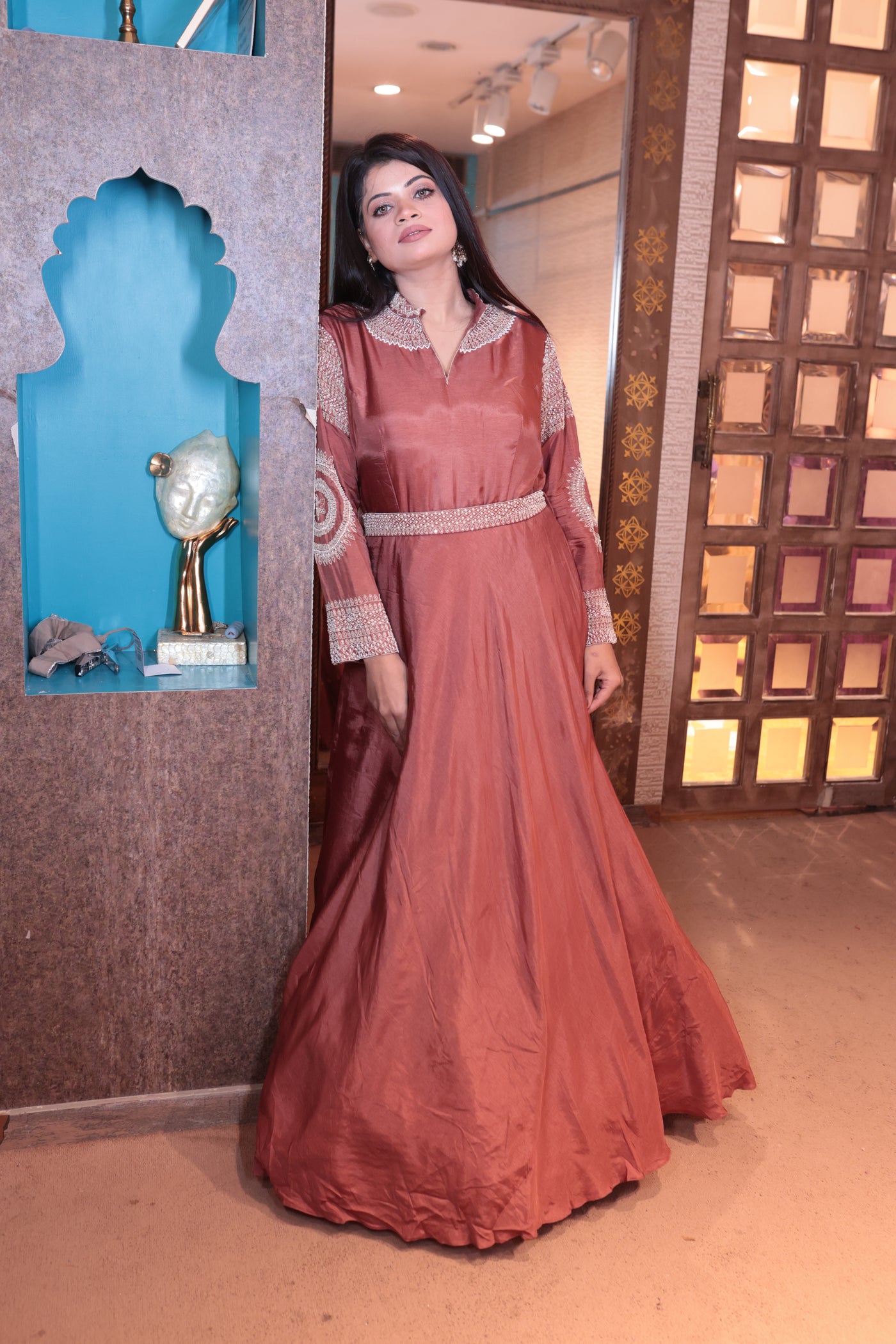 Elegant Rust Gown with Detailed Sleeves (1991 B-13)