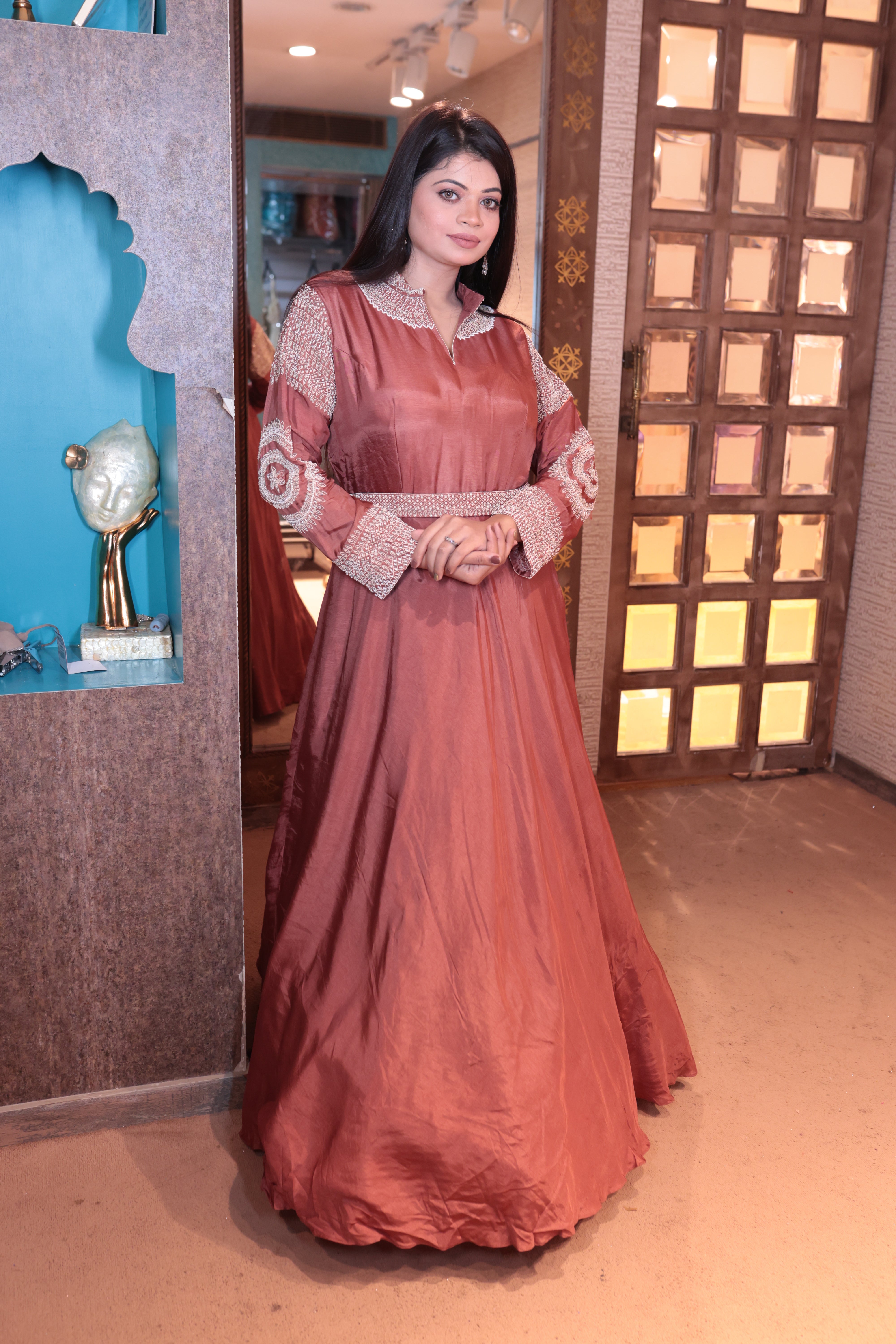 Elegant Rust Gown with Detailed Sleeves (1991 B-13) Main image