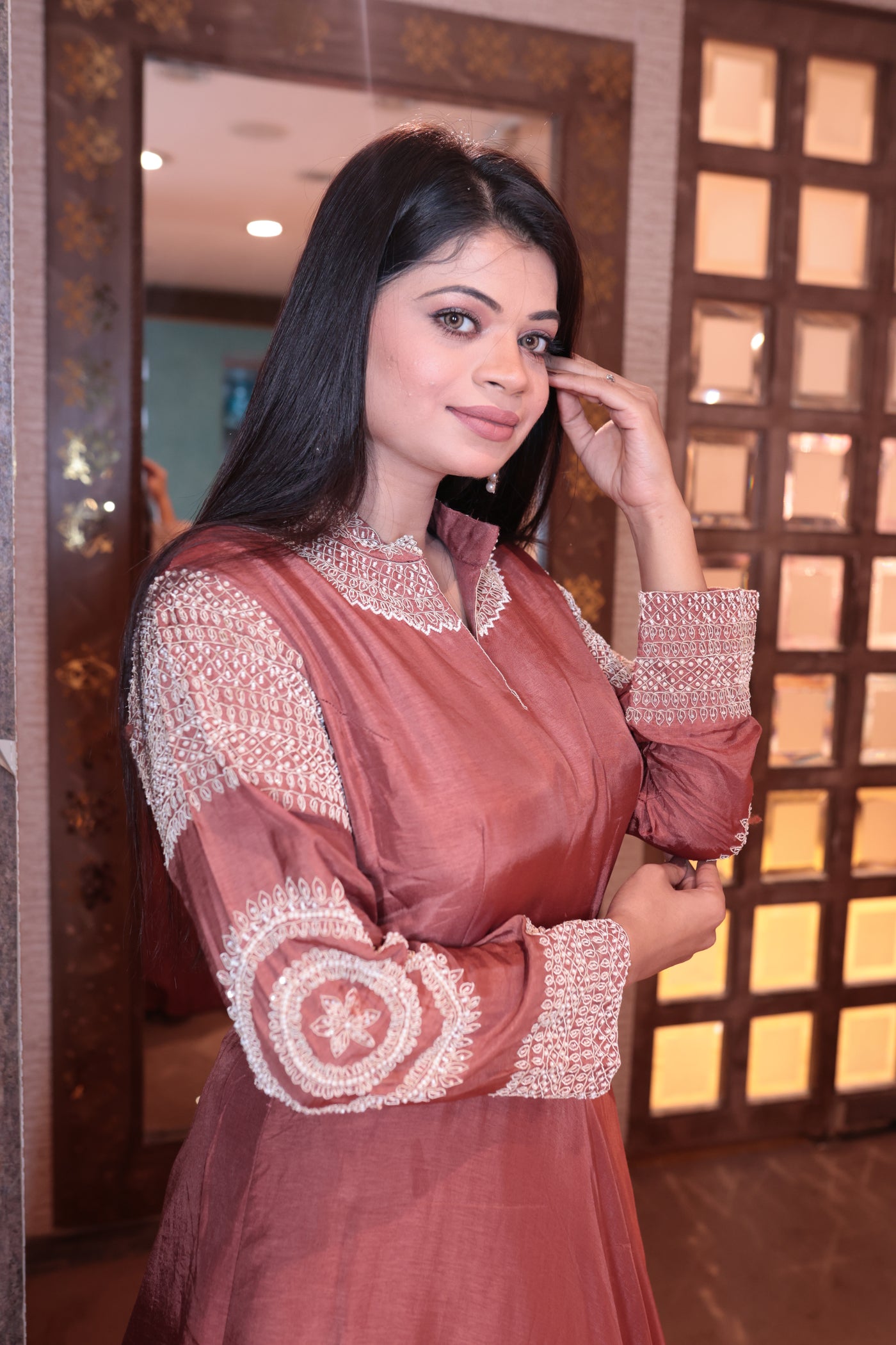 Elegant Rust Gown with Detailed Sleeves (1991 B-13)