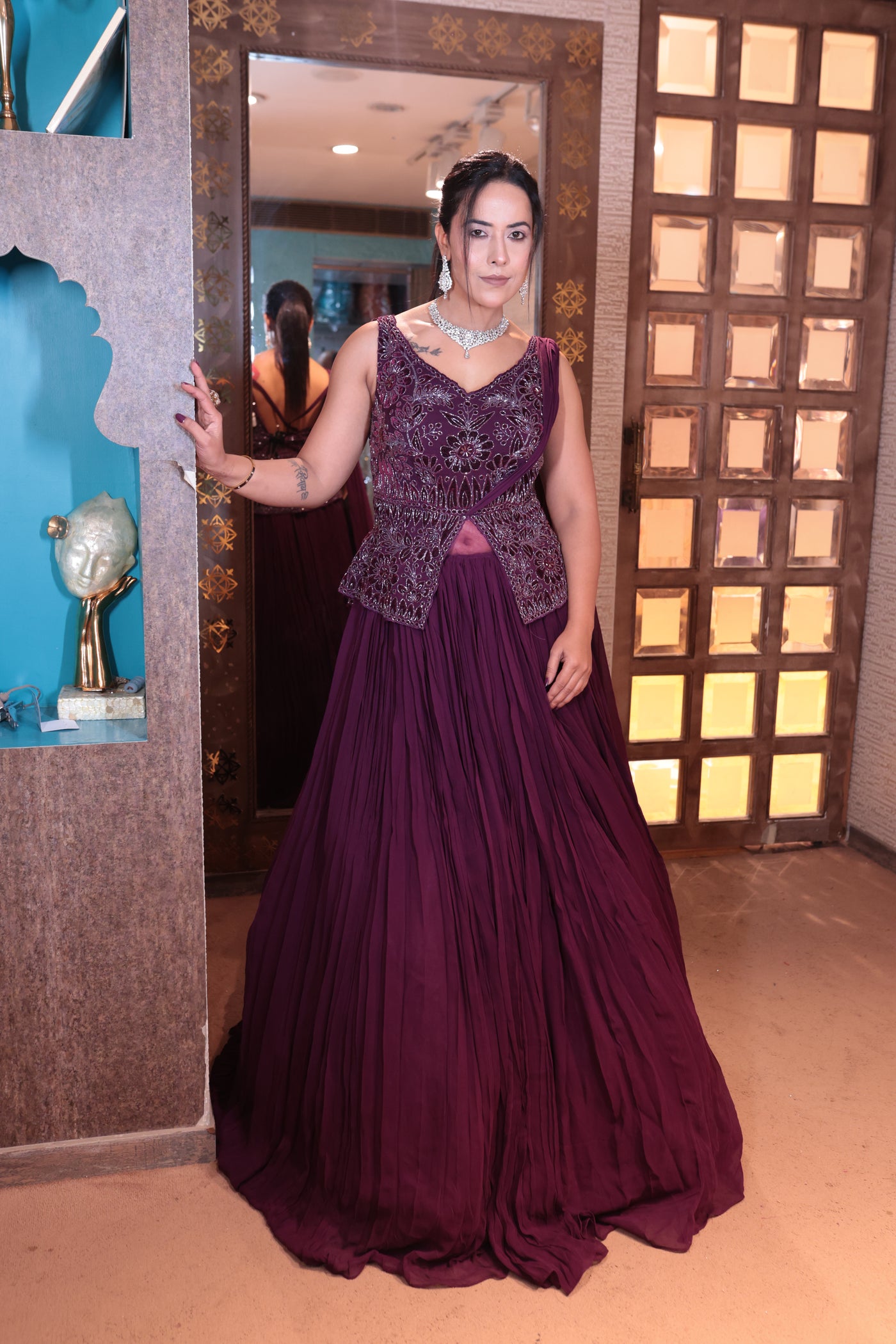 Plum Noir Peplum Gown with Crinkle Skirt (IR-0020 D-29)