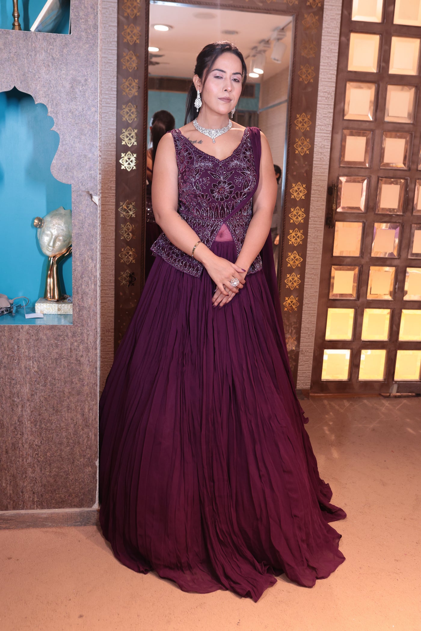 Plum Noir Peplum Gown with Crinkle Skirt (IR-0020 D-29)