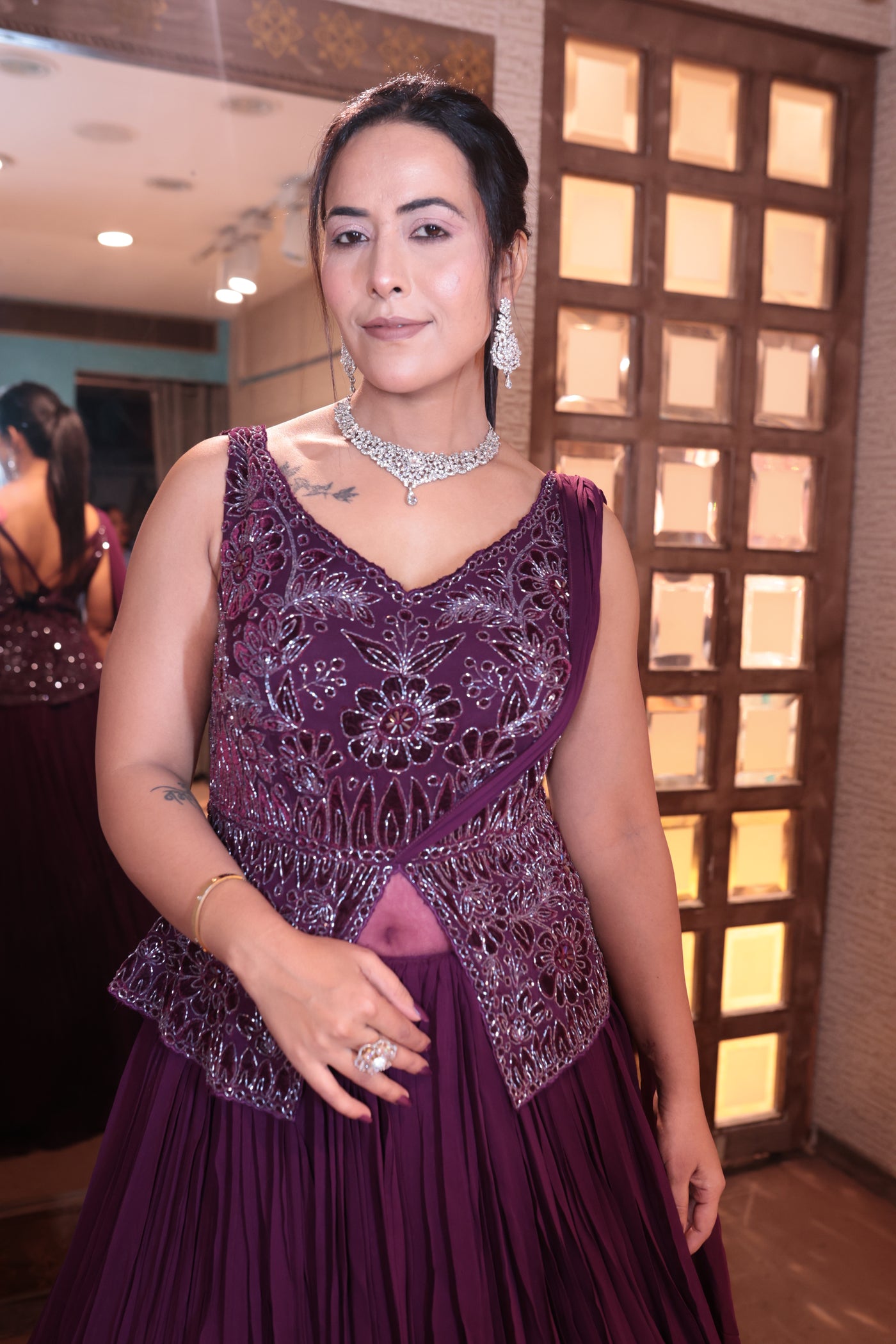 Plum Noir Peplum Gown with Crinkle Skirt (IR-0020 D-29)