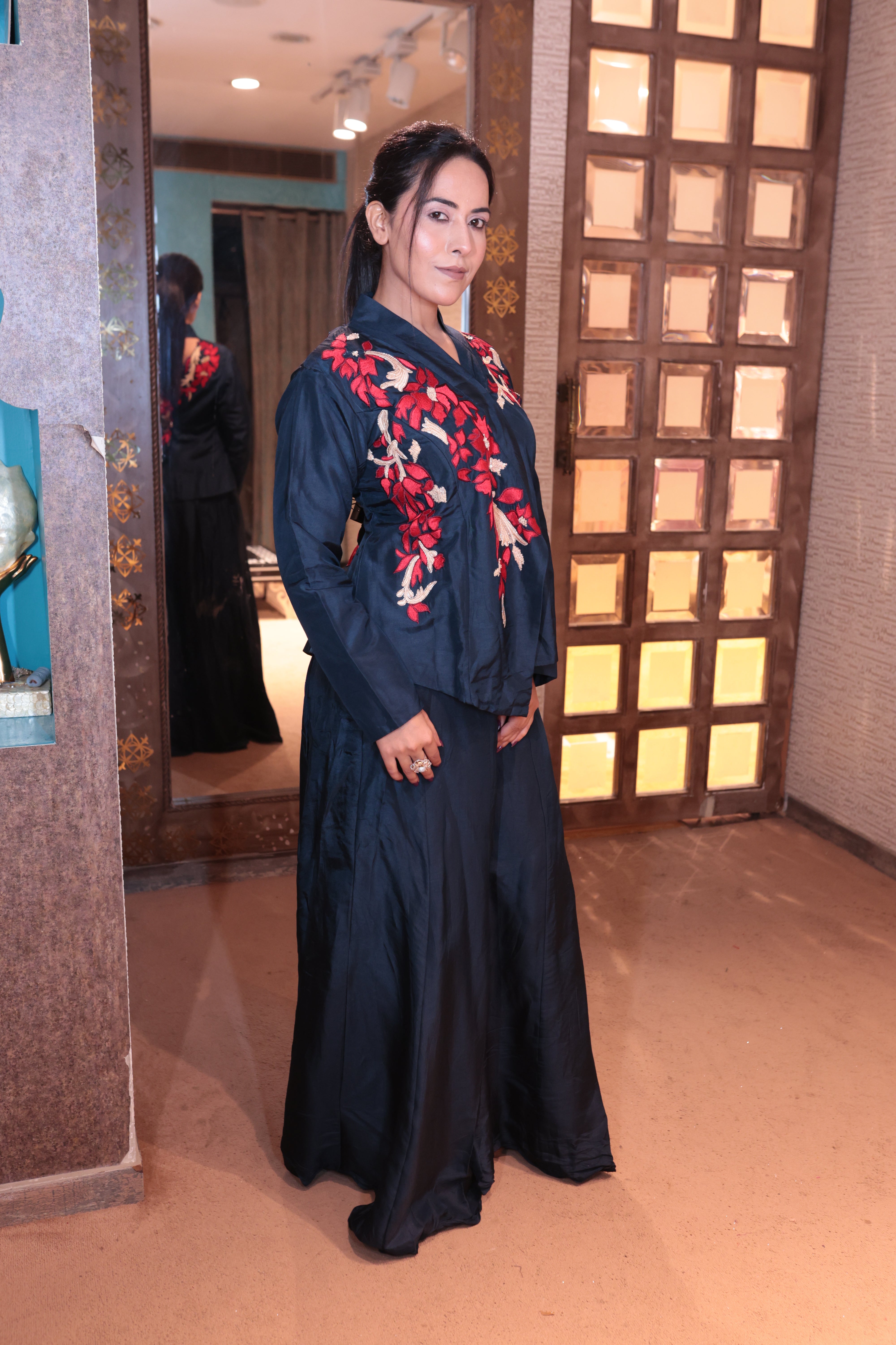 Deep Indigo Co-ord Set with Bold Floral Embroidery (S.B.D-1852B BS-32) Secondary image