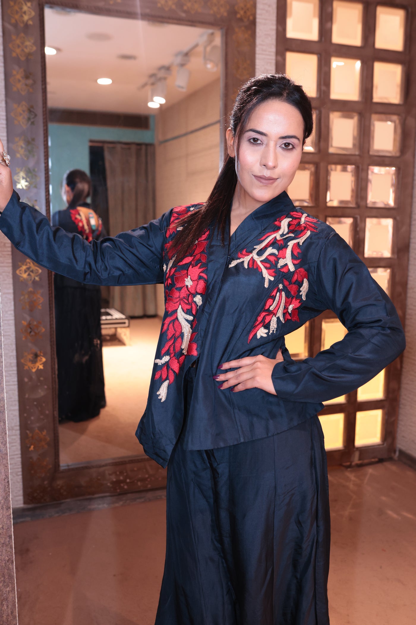 Deep Indigo Co-ord Set with Bold Floral Embroidery (S.B.D-1852B BS-32)