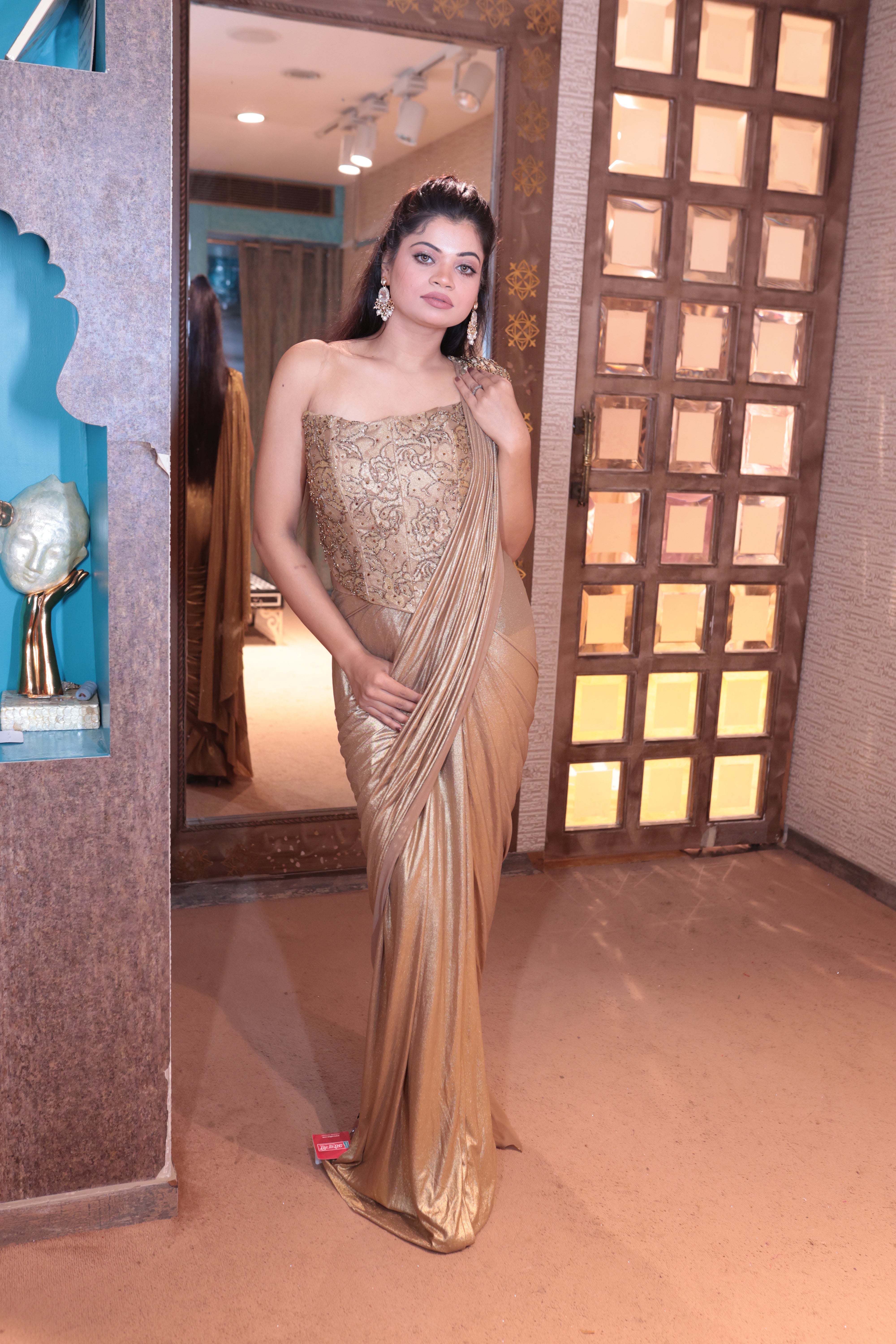 Golden Glamour Pre-Draped Saree Ensemble (3441 M-108) Secondary image