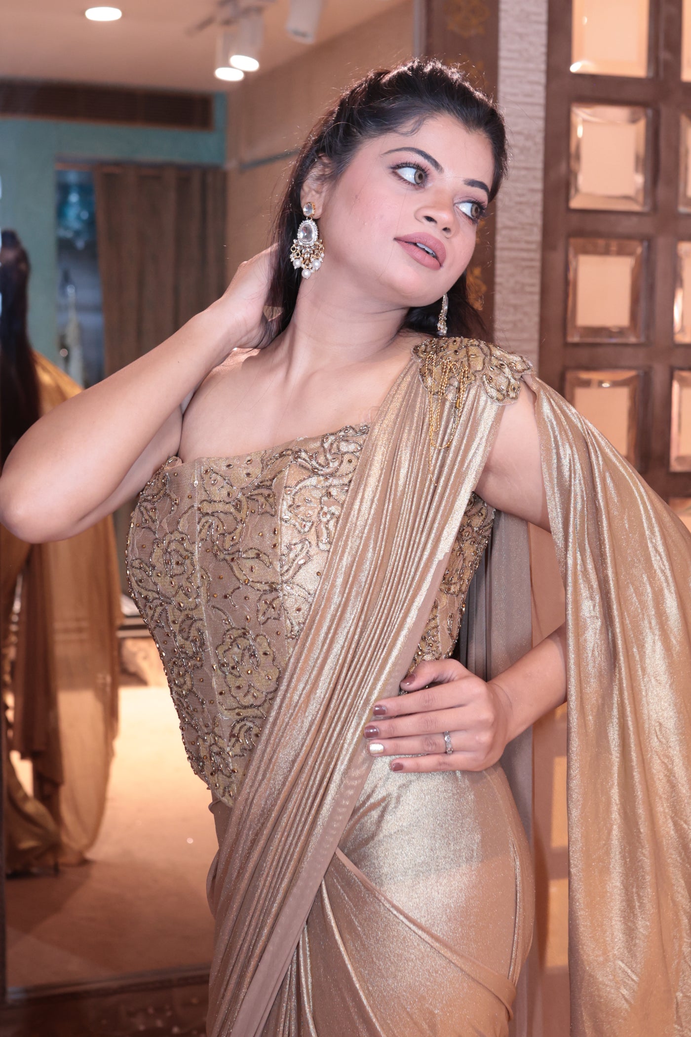 Golden Glamour Pre-Draped Saree Ensemble (3441 M-108)