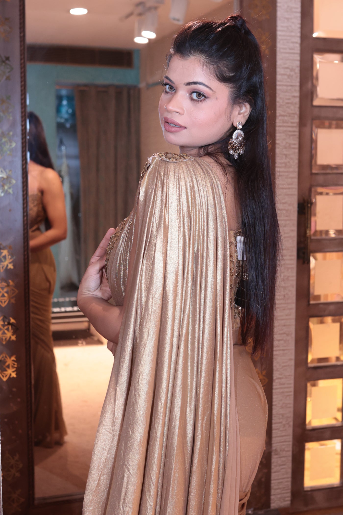 Golden Glamour Pre-Draped Saree Ensemble (3441 M-108)