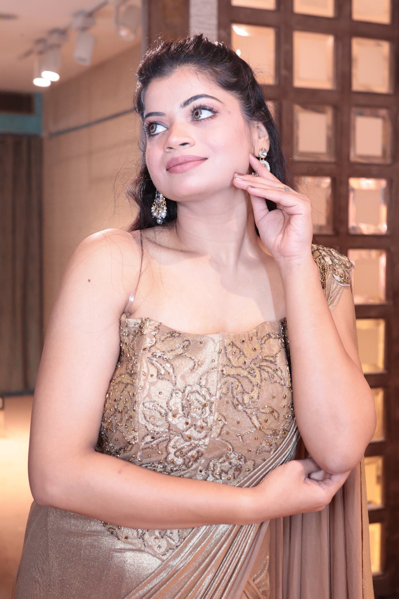 Golden Glamour Pre-Draped Saree Ensemble (3441 M-108)