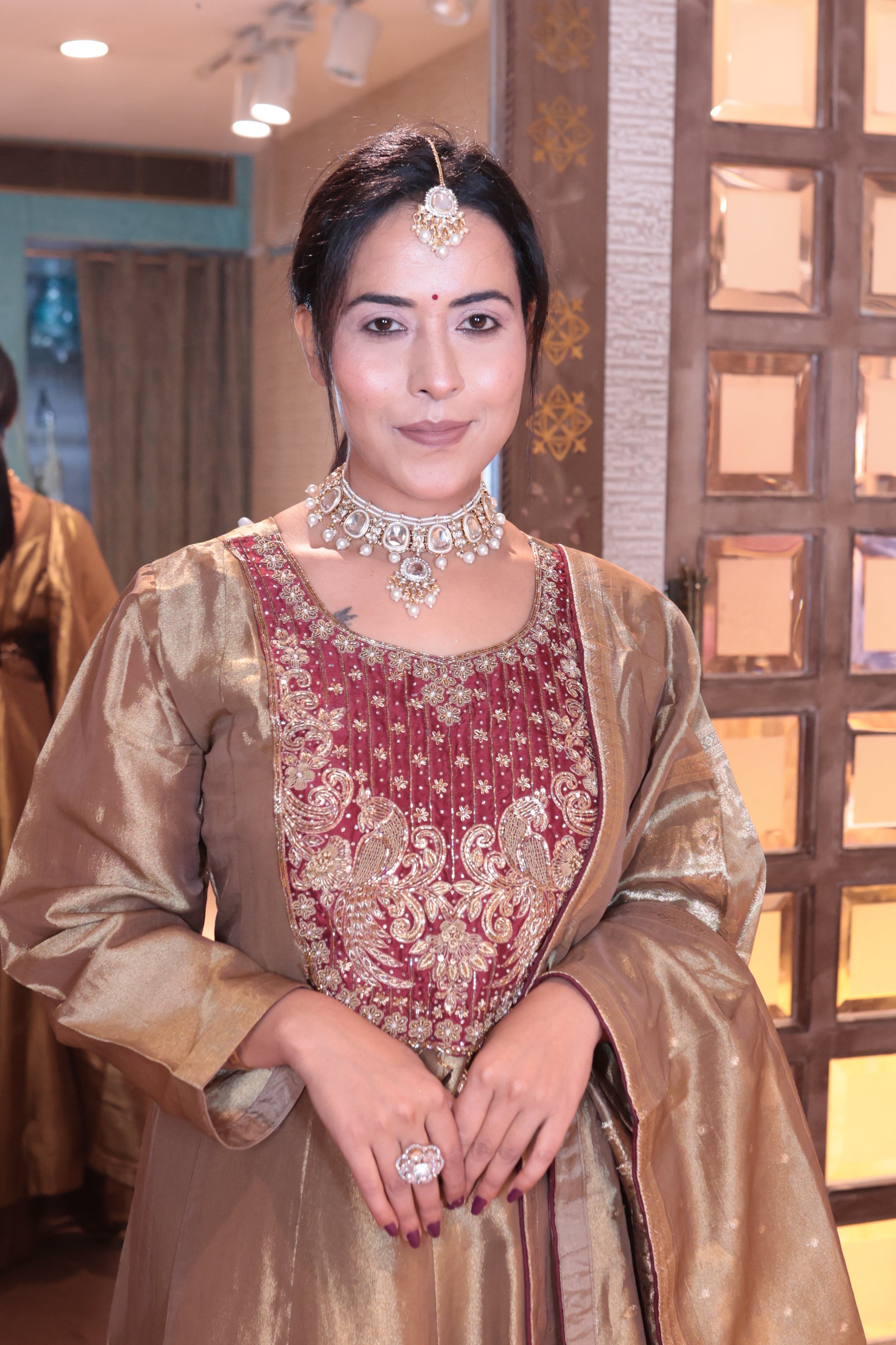 Gold Brocade Anarkali Suit with Palazzo Bottoms (P-2806 M-75)