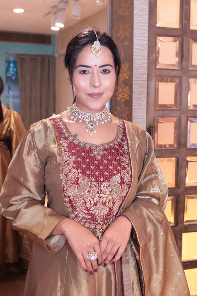 Gold Brocade Anarkali Suit with Palazzo Bottoms (P-2806 M-75)