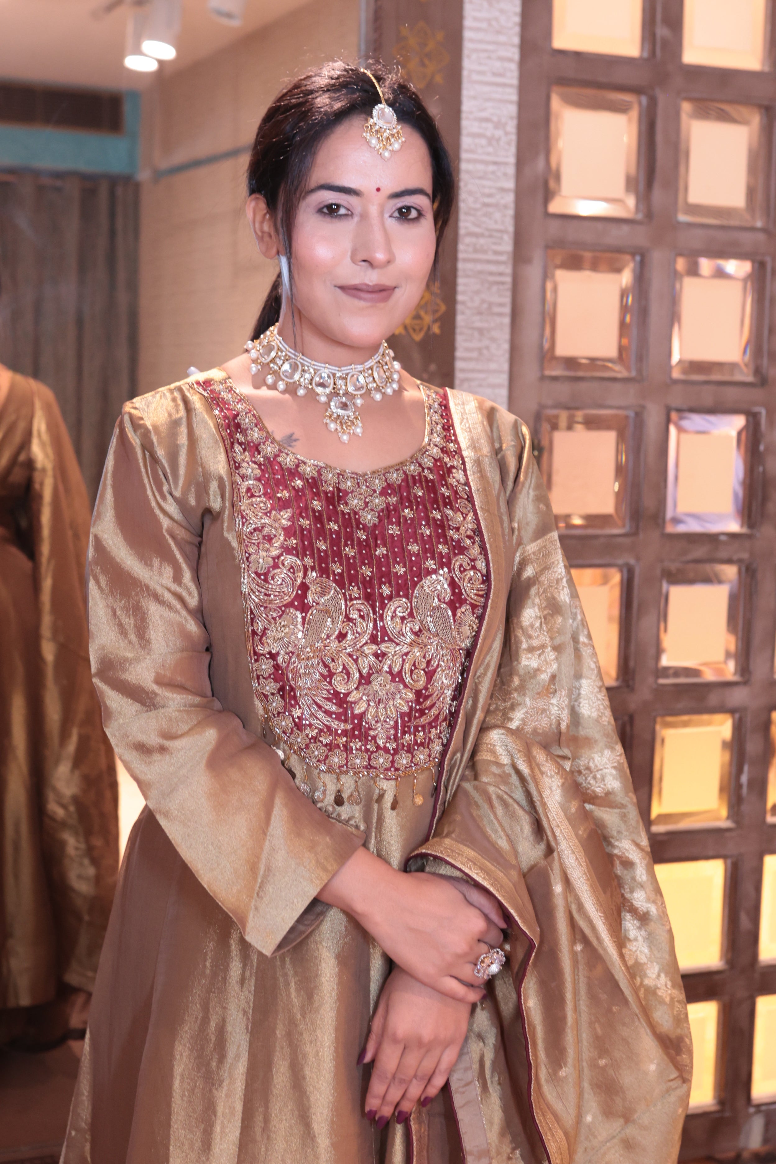 Gold Brocade Anarkali Suit with Palazzo Bottoms (P-2806 M-75)