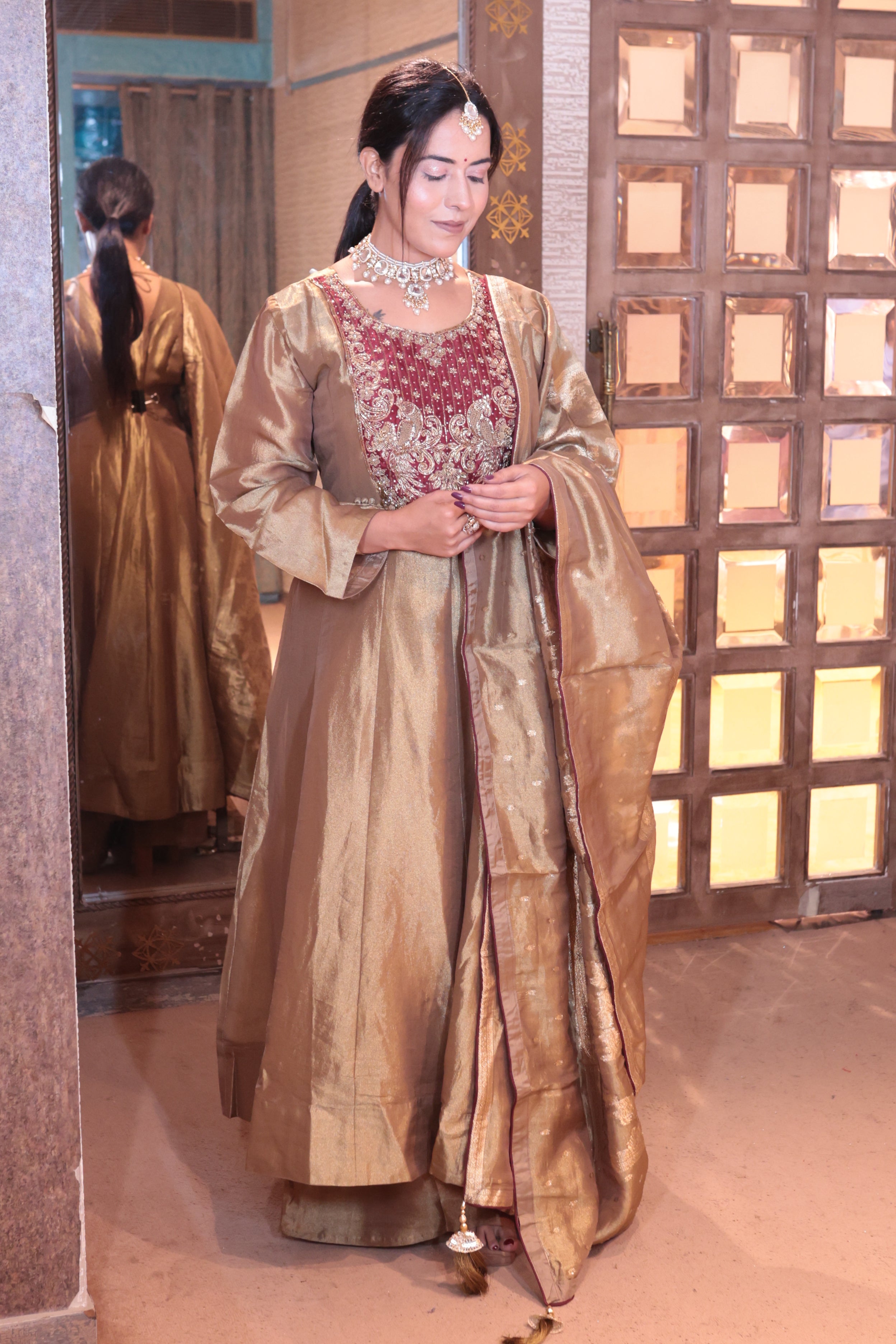 Gold Brocade Anarkali Suit with Palazzo Bottoms (P-2806 M-75) Secondary image
