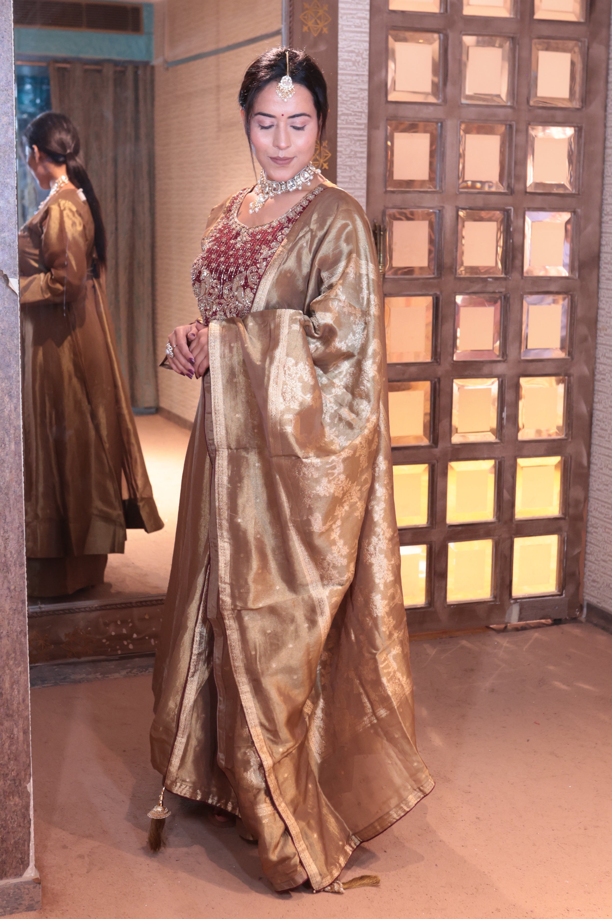 Gold Brocade Anarkali Suit with Palazzo Bottoms (P-2806 M-75)