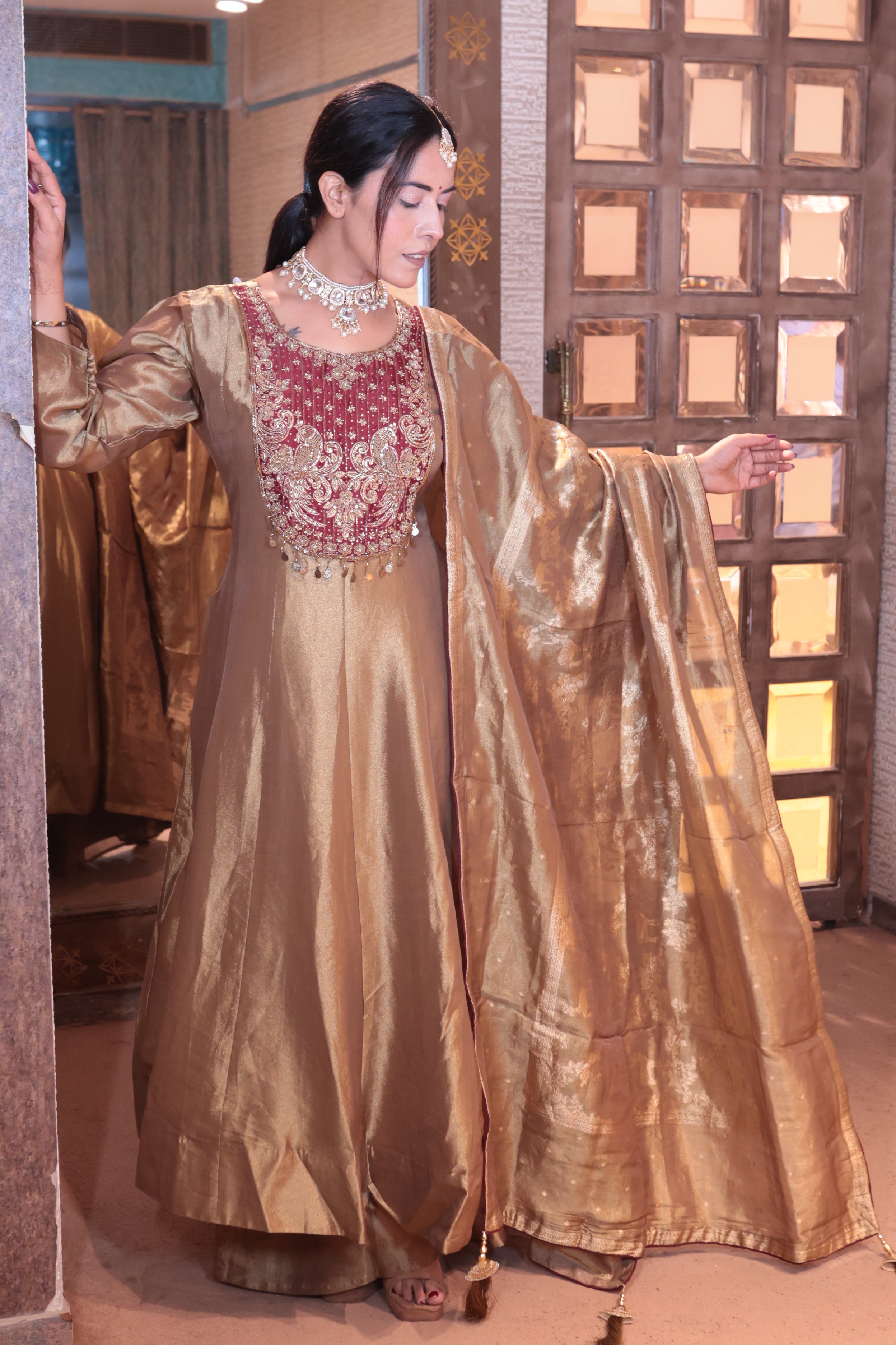 Gold Brocade Anarkali Suit with Palazzo Bottoms (P-2806 M-75) Main image