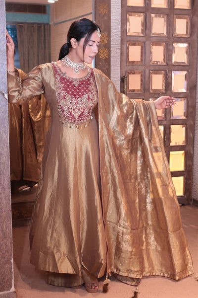 Gold Brocade Anarkali Suit with Palazzo Bottoms (P-2806 M-75)