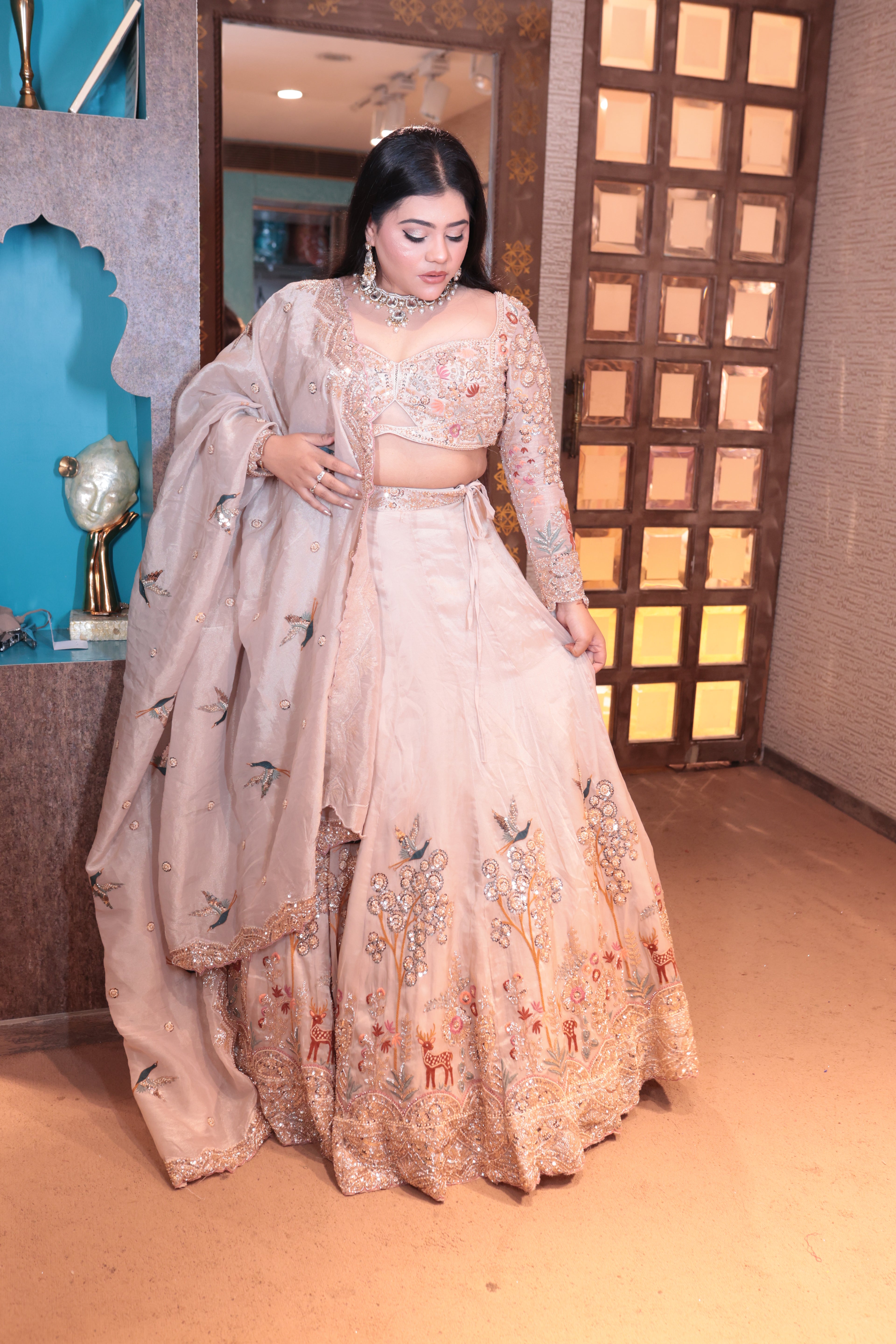 Blush Cream Embellished Lehenga with Nature Motifs (2206 M-107)