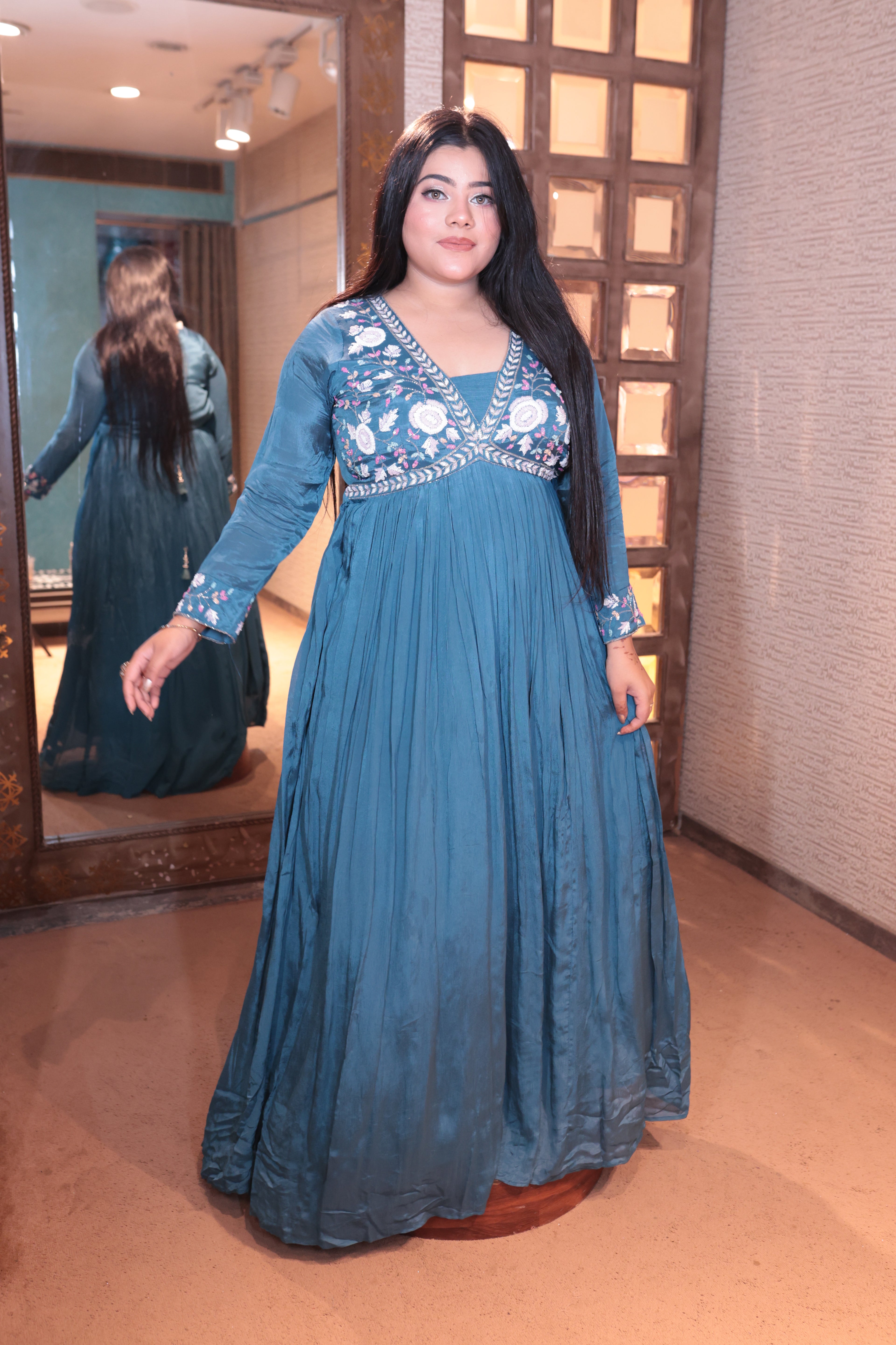 Water Blue Anarkali Gown with Floral Embroidery (1460 GA-17)