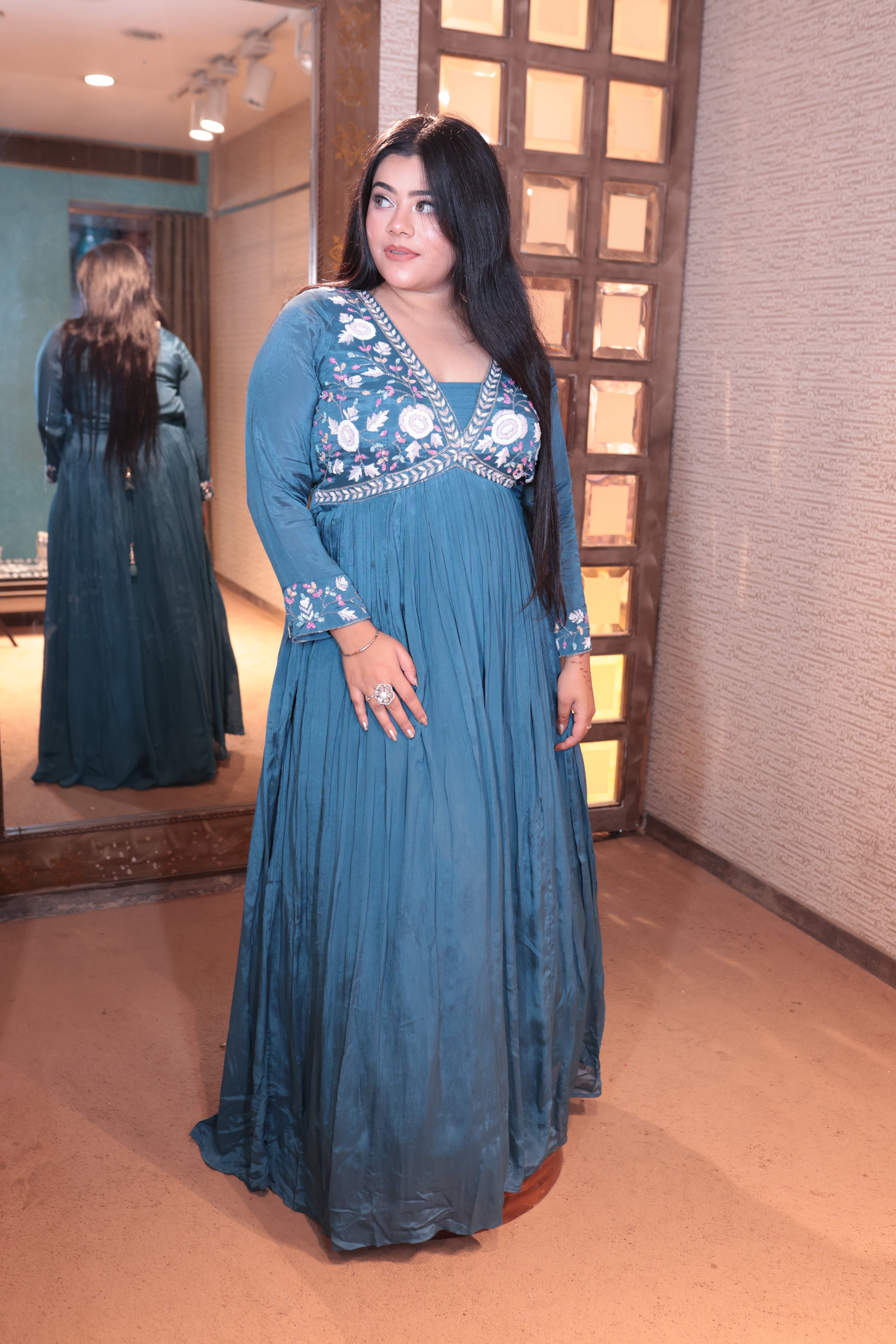 Water Blue Anarkali Gown with Floral Embroidery (1460 GA-17)