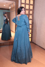 Water Blue Anarkali Gown with Floral Embroidery (1460 GA-17)