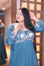 Water Blue Anarkali Gown with Floral Embroidery (1460 GA-17)