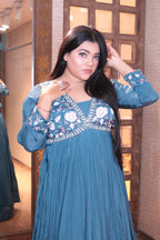 Water Blue Anarkali Gown with Floral Embroidery (1460 GA-17)