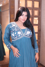 Water Blue Anarkali Gown with Floral Embroidery (1460 GA-17)
