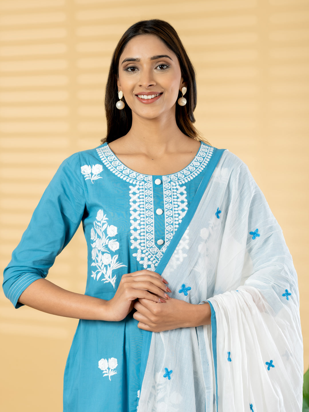 Azure Bloom Hand-Embroidered Suit Set