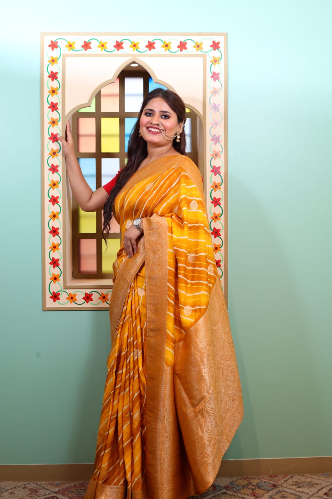 Golden Handloom Banarasi Saree with Elegant Stripes