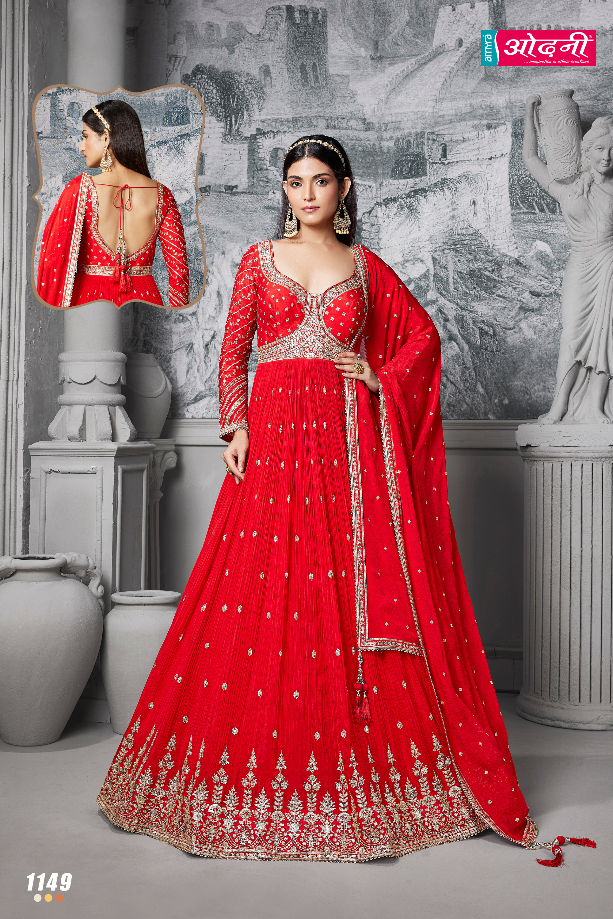Crimson Red Anarkali-Style Lehenga with Gold Embroidery gown (1149 M-27)