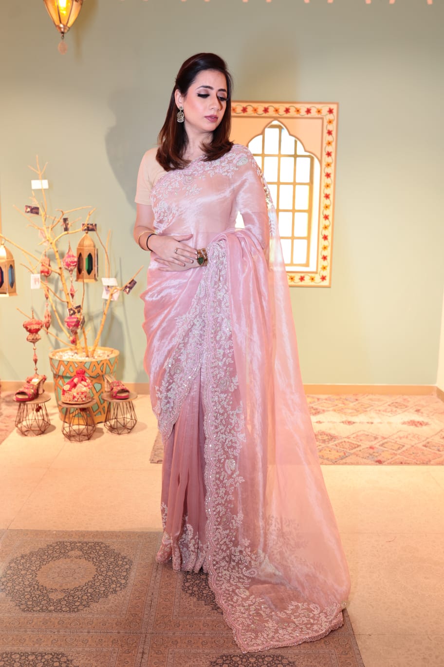 Elegant Light Pink Organza Saree with Delicate Embroidery