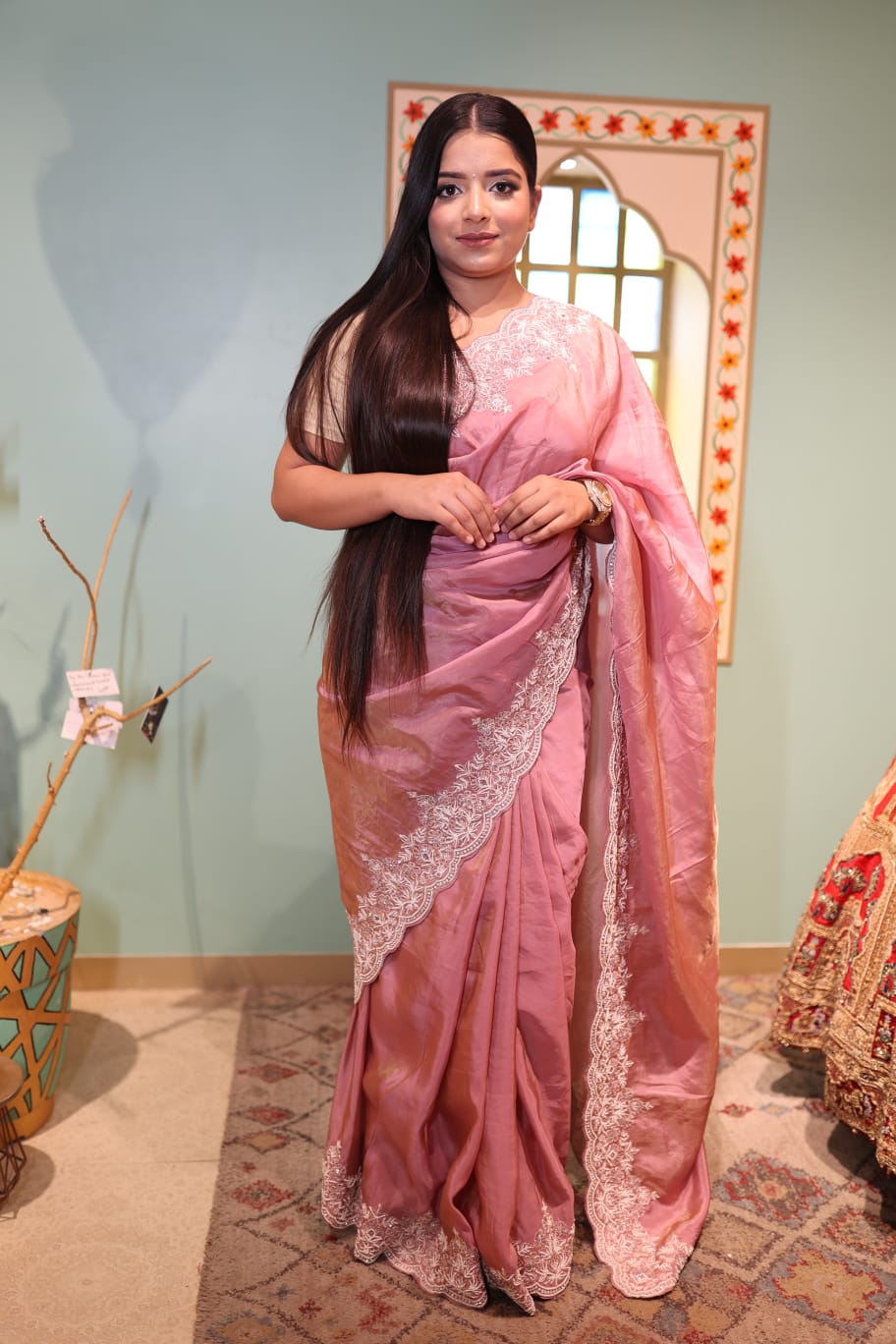 Elegant Pink Simoy Silk Saree with Delicate Lace Border