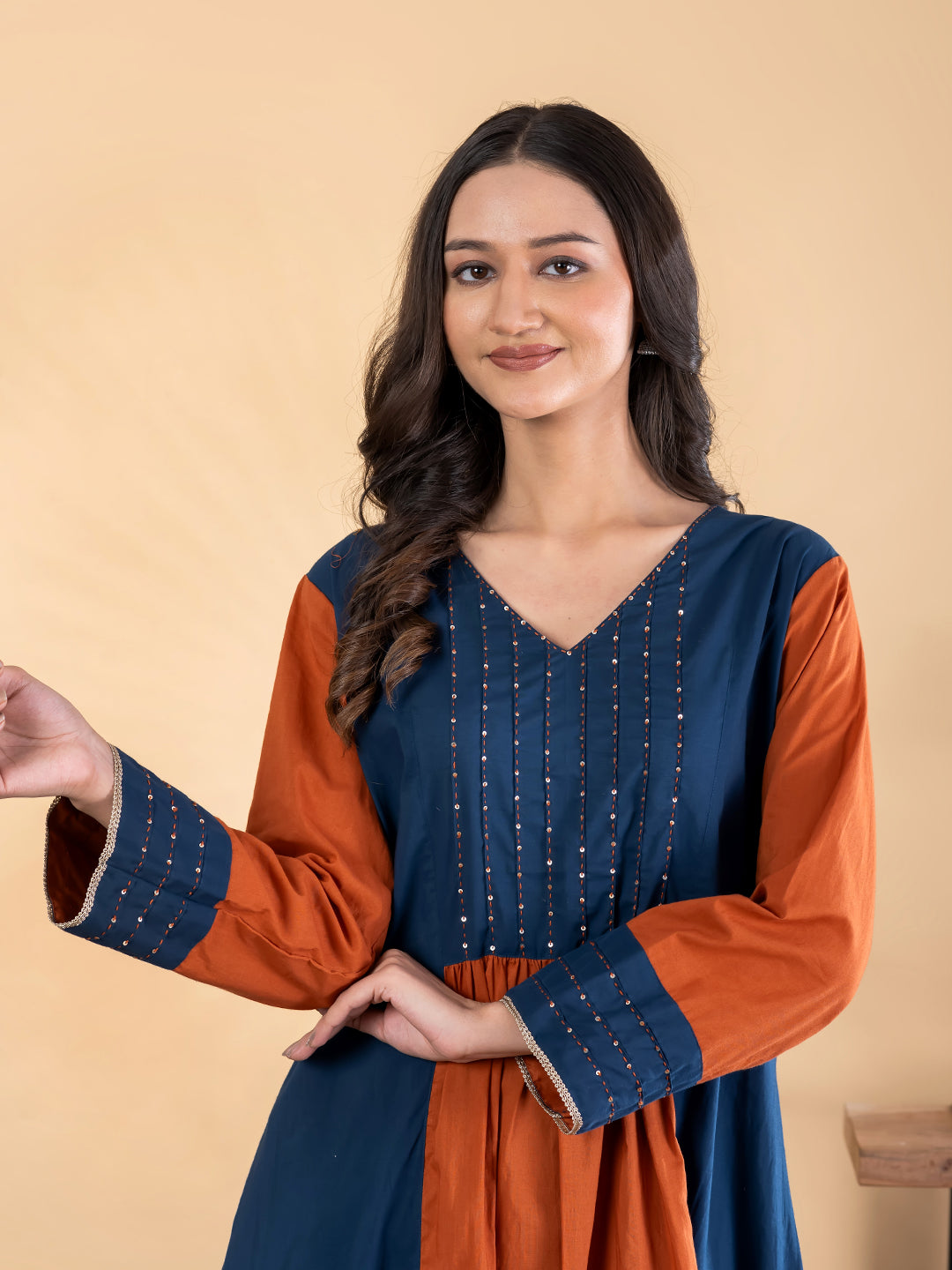 Teal & Terracotta Panel Kurta Set Secondary image