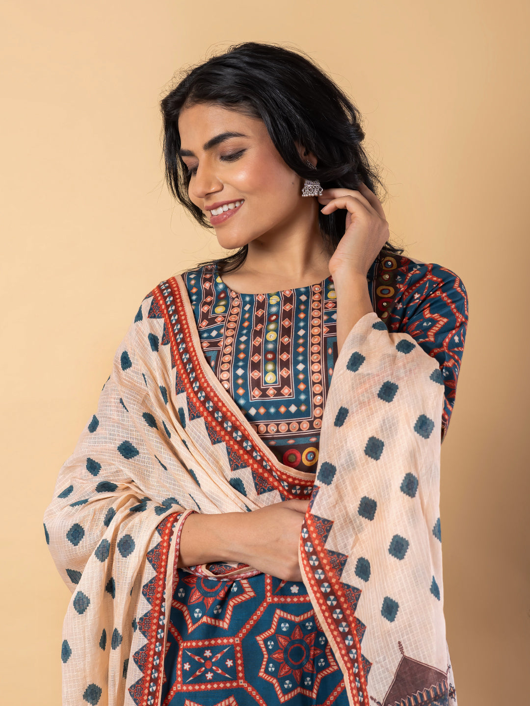 Azure Geometric Ajrakh Suit Set Secondary image