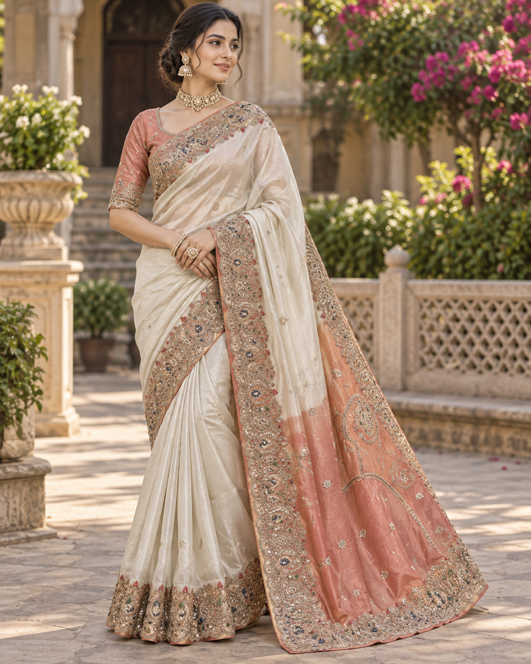 Cream Off-White & Peach Silk Saree with Heavy Zardozi & Pearl Embroidered Border