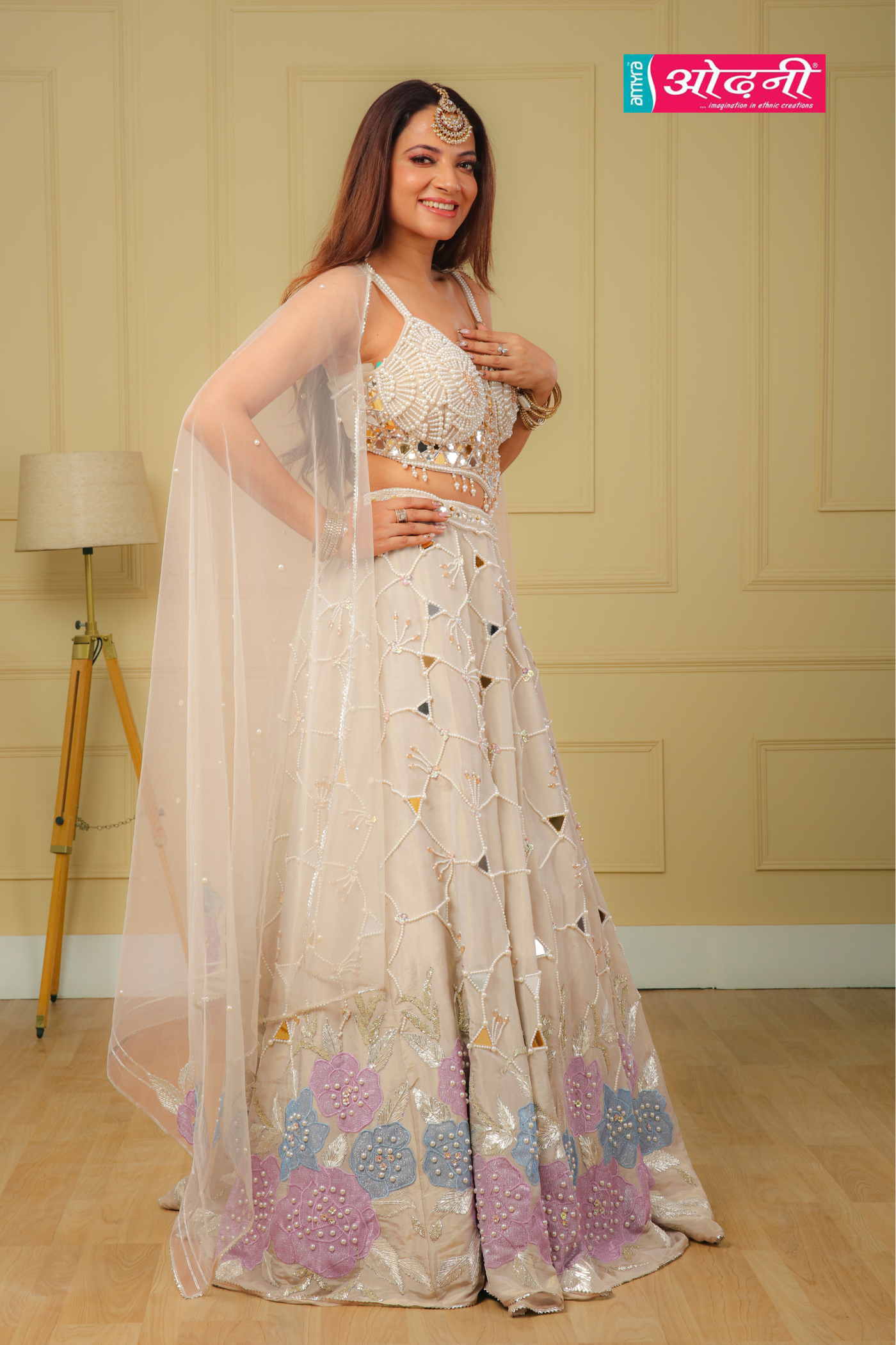 Ivory Pink Mirror-Work Lehenga (2637 M-87)