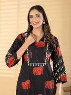 Elephant Print Cotton-Silk Suit with Tassel Accents