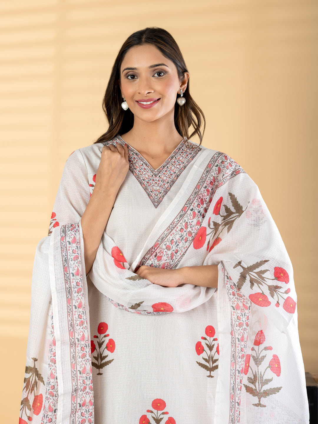 Ivory Floral Cotton-Silk Suit Set Secondary image