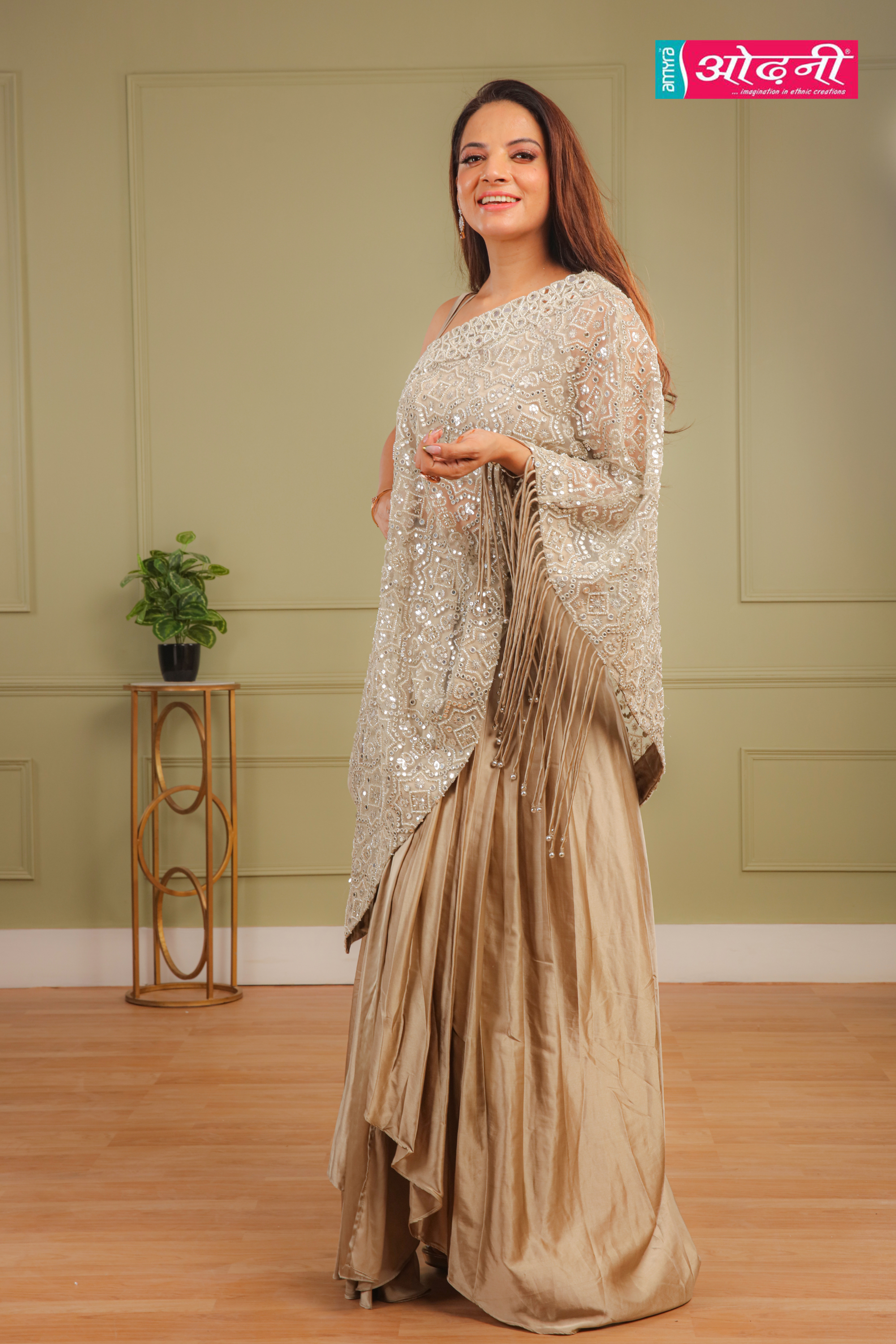 Gold and Beige Contemporary Draped Dress (8124 M-16)