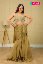 Olive Green Draped Skirt and Embellished Blouse (1086 GS-80)
