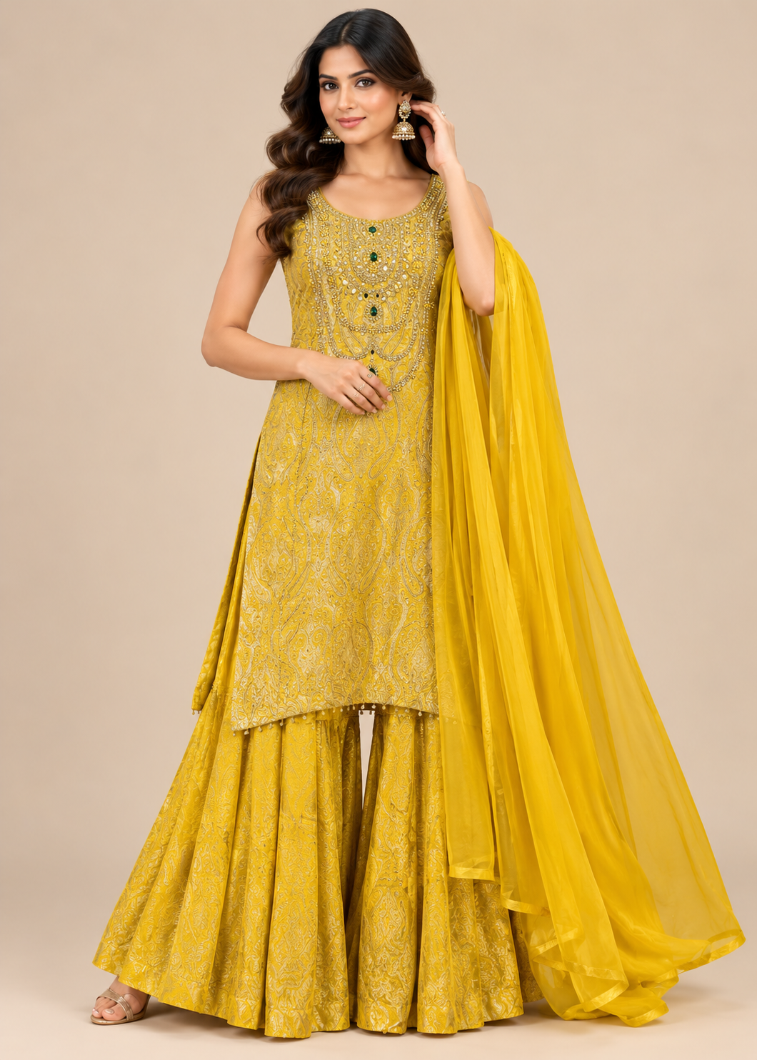 Yellow Embellished Palazzo Suit with Dupatta Main image
