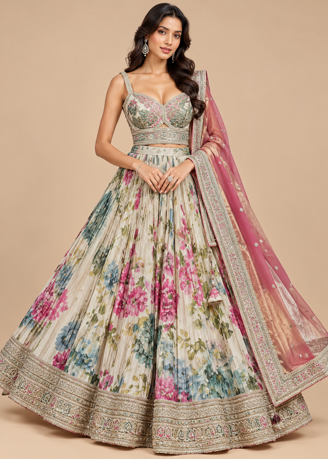 Off-White Floral Printed Pleated Lehenga Set with Contrast Dupatta