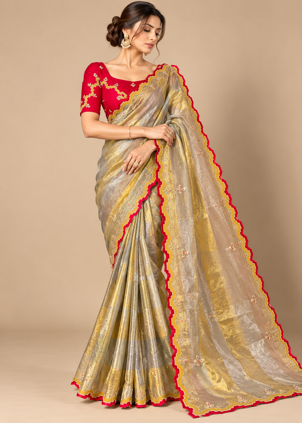 Metallic Gold  Silver Striped Tissue Saree with Contrast Red Embroidered Blouse