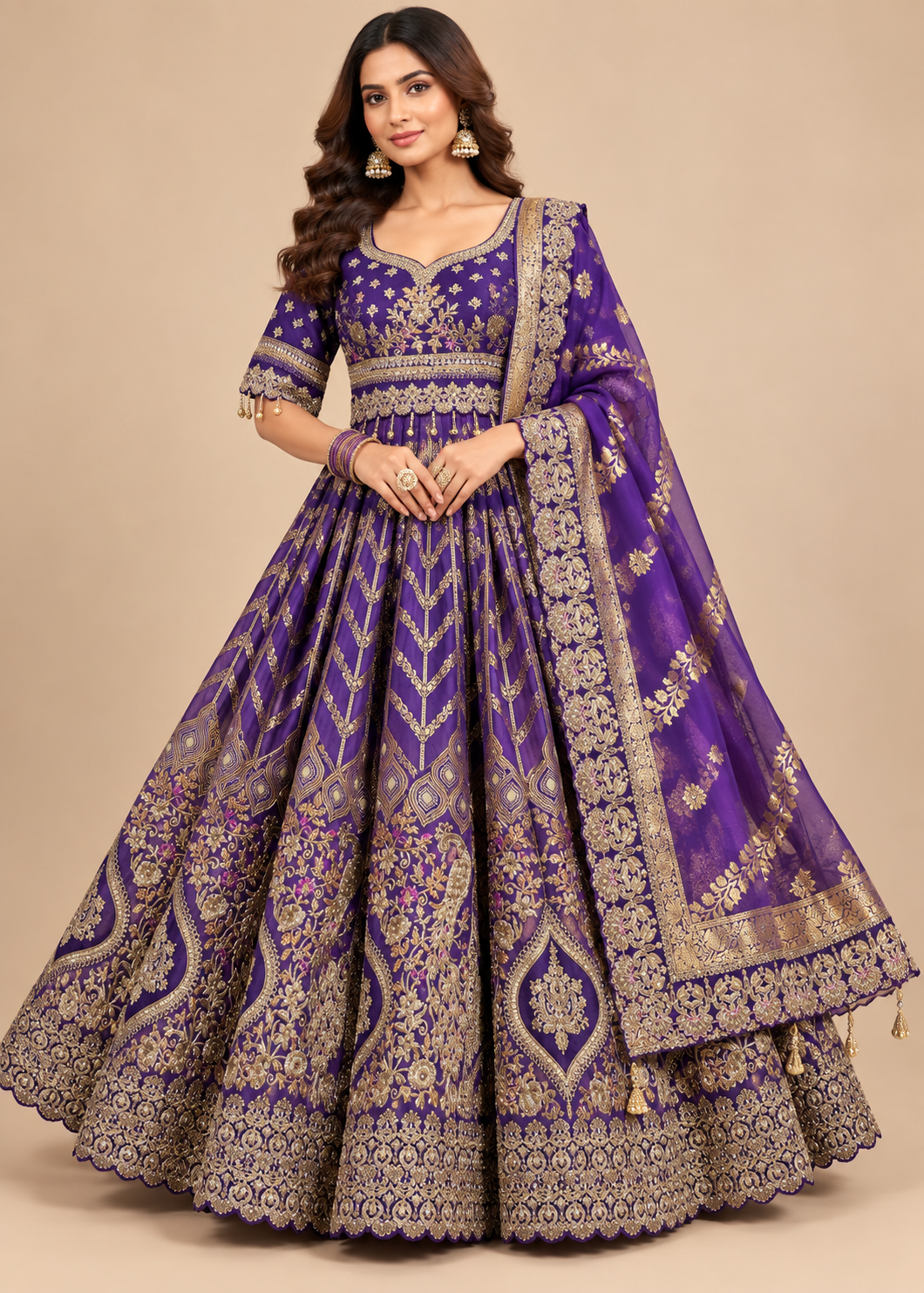 Royal Purple Zardozi & Floral Arched Bridal Lehenga Set Main image