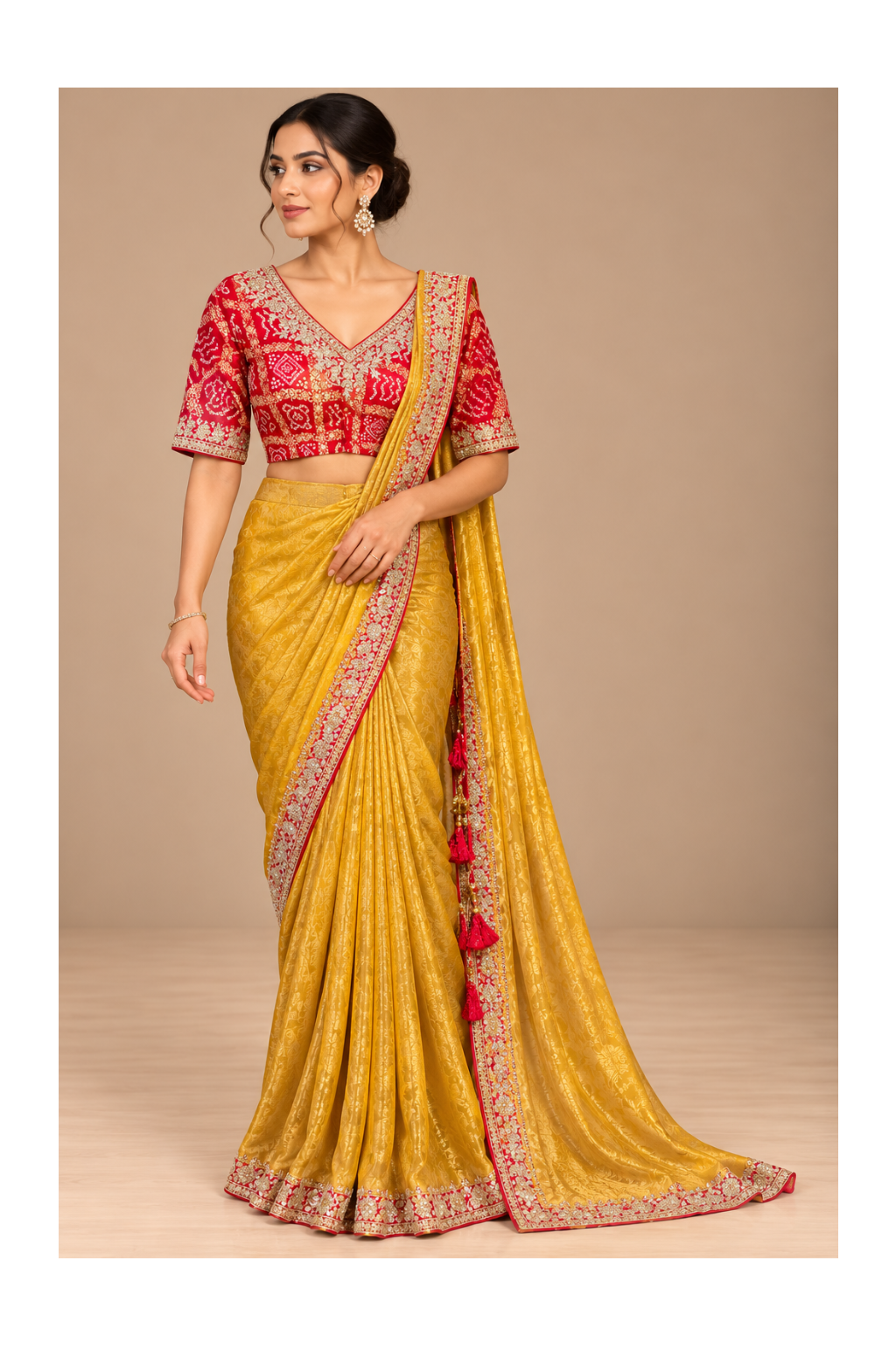Golden Yellow Saree Fabric with Contrasting Bandhani-Style Blouse