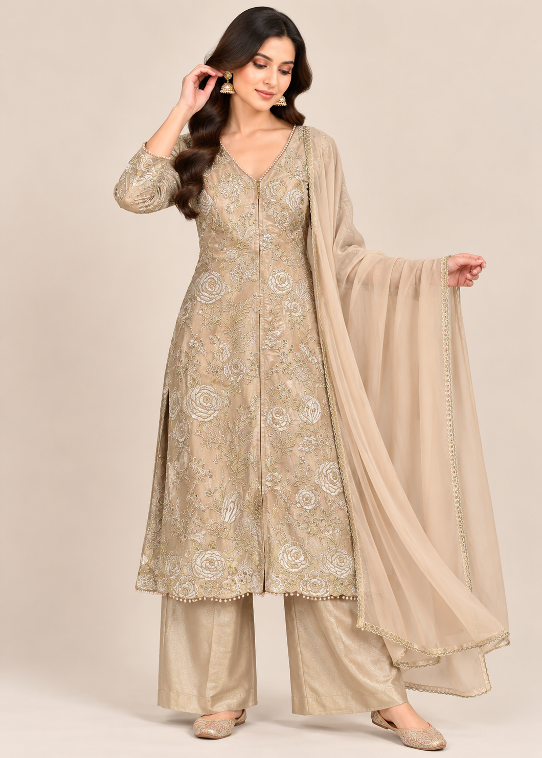 Cream Floral Embroidered Palazzo Suit with Dupatta