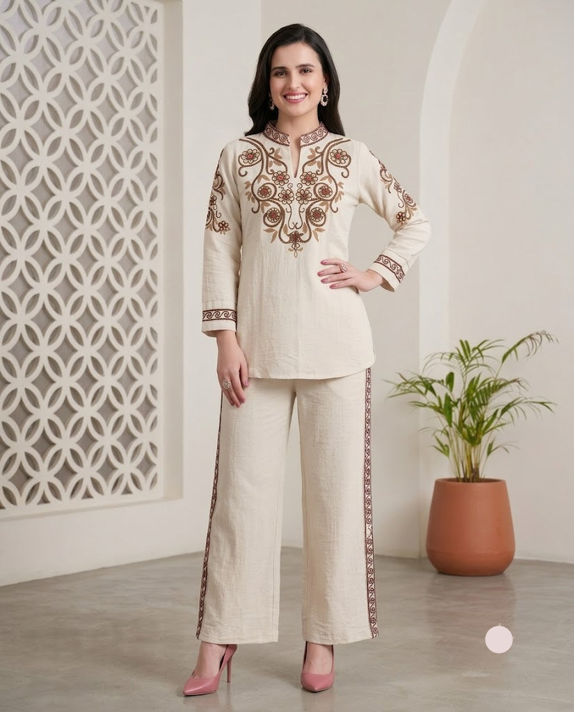 Ivory Brown Embroidered Kurta Palazzo Set for Women
