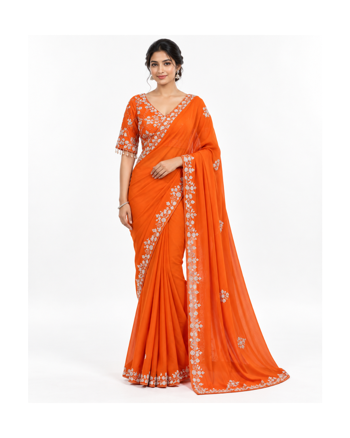 Orange Floral Embellished Saree Main image