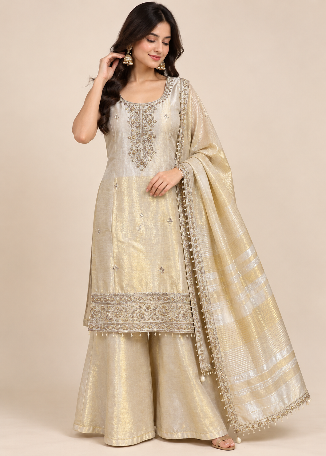 Champagne Gold Embroidered Palazzo Suit with Dupatta Main image