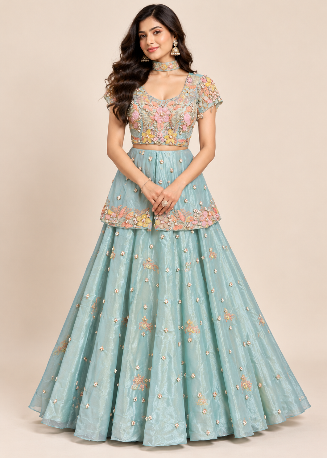 Aqua Blue Embroidered Peplum Lehenga Set