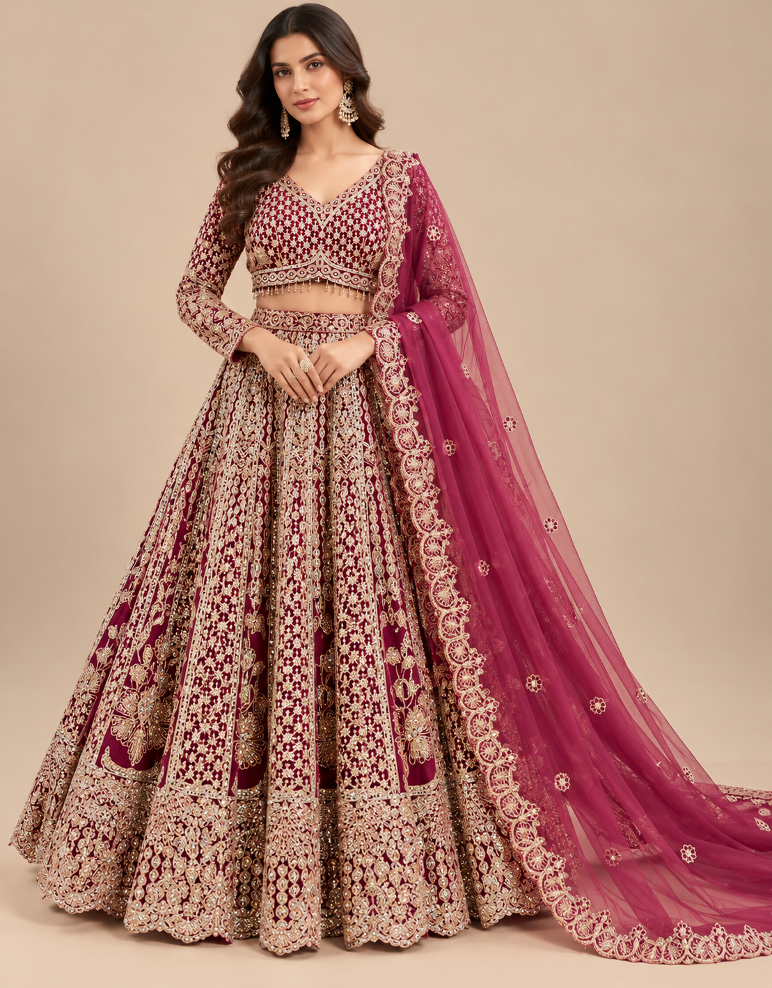 Deep Wine Embroidered Full-Sleeve Bridal Lehenga Choli Set